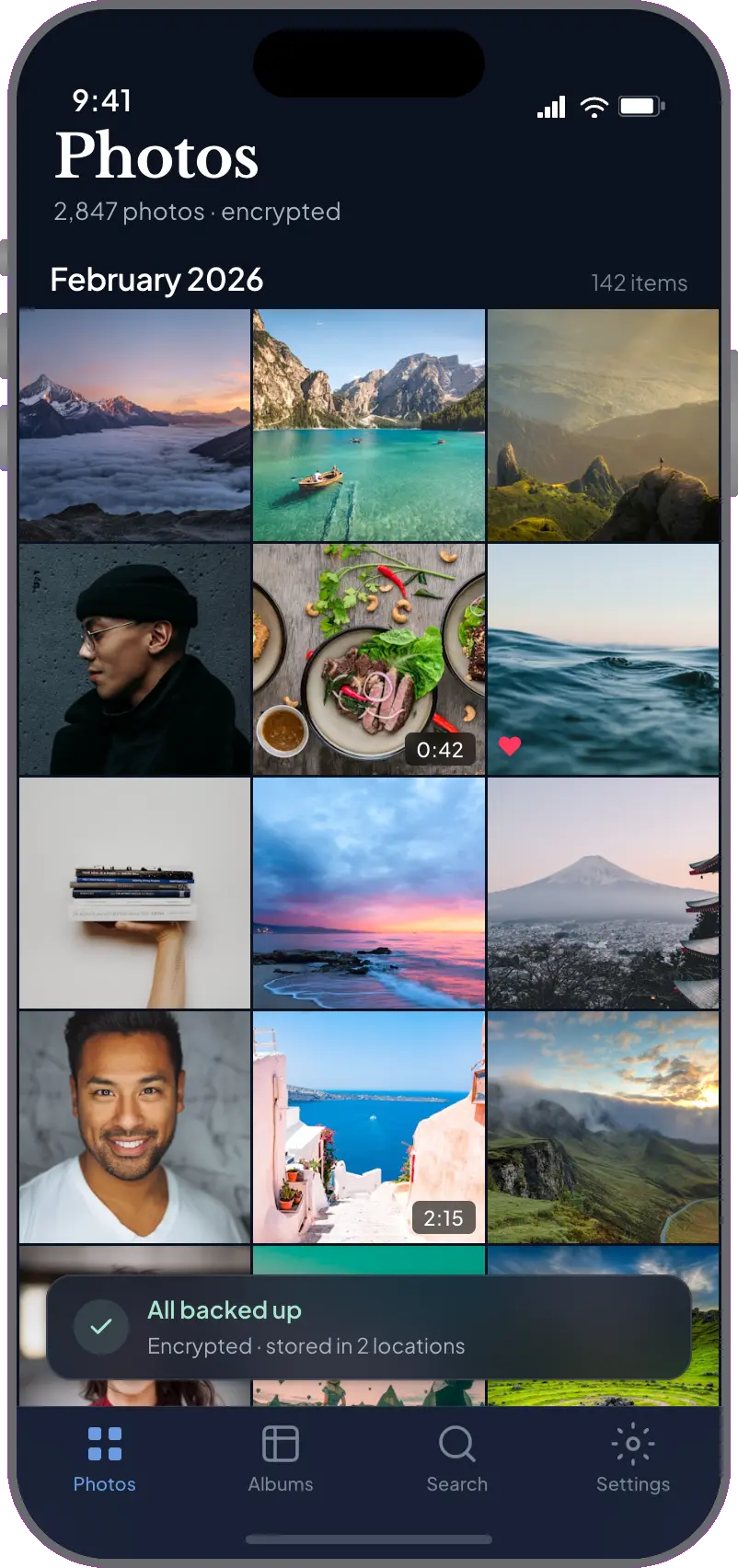 Abrio photo app showing an encrypted photo library